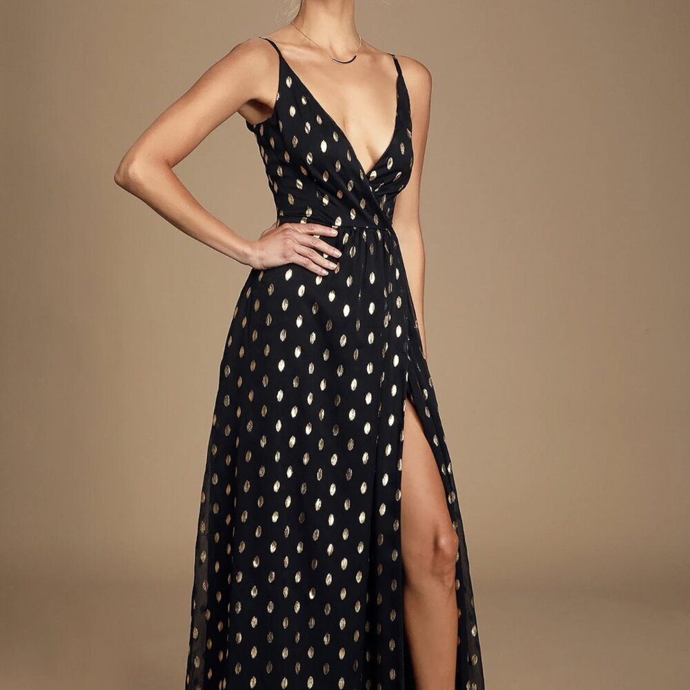NWT Lulus Galaxy Lights Black and Gold Polka Dot Sleeveless Maxi Dress - Picture 3 of 9